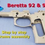 Reassemble a Beretta 92FS frame step by step – shown with stripped frame on blue background