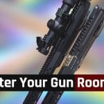 AR-15 upper mounted on wall using the HangAR System with “Declutter Your Gun Room” banner