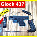 Top-down view of Glock 43 pistol disassembled for cleaning with tools, lubricant, and a bore inspection image highlighting possible rust, overlaid with bold yellow and red warning-style text asking “Dirty Glock 43?” and “Is That Rust?”