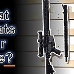 M-LOK rifles mounted using the HangAR StealthMount wall display system on slat wall panels