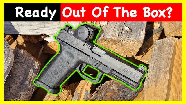 Timberwolf 17 pistol with optic shown on split firewood background