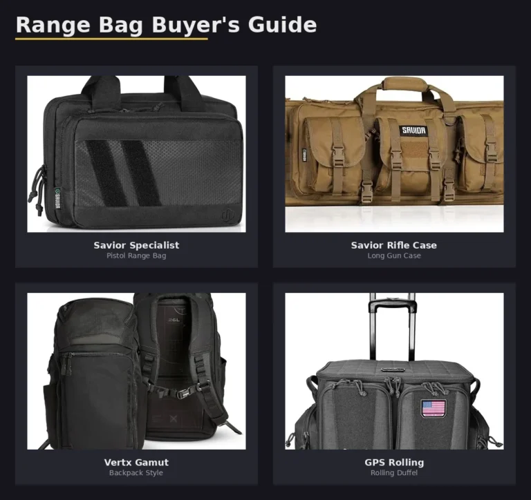 Comparison of top range bags: Savior Specialist, Savior Rifle Case, Vertx Gamut, and GPS Rolling